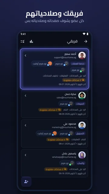 أعضاء الفريق بصفحاتهم وأدوارهم ومحادثاتهم المفتوحة