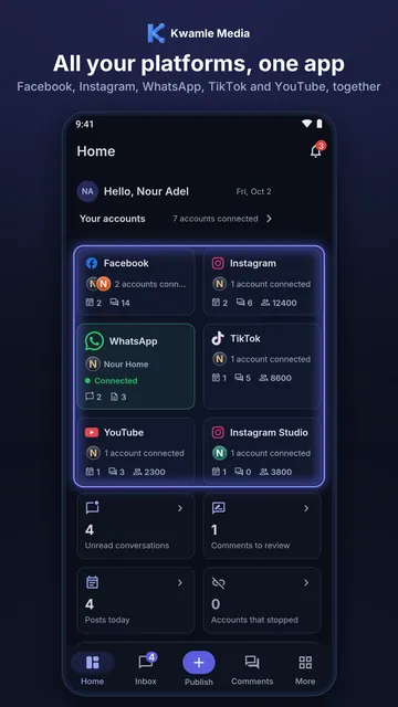 Home: unread conversations, comments waiting, today's posts and every connected channel