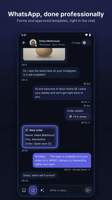 A WhatsApp conversation with an order summary and a reply